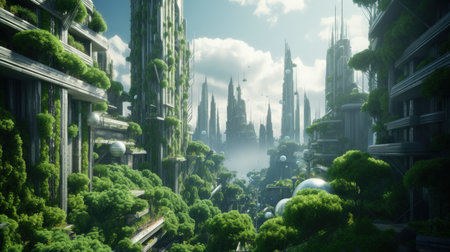 The Spectacular Eco-Futuristic Cityscape of the Green City of the Future. Perfect for environmental campaigns. Generative AIの素材