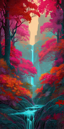 Vibrant Waterfall in Forest Painting for Nature Lovers. Generative AIの素材
