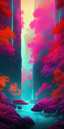 Vibrant Waterfall in Forest Painting for Wall Art. Generative AIの素材