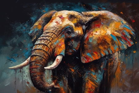 Contemporary Painting of an Elephant in Oil on Canvas with Textured Paint Strokes. Perfect for Wall Art. Generative AIの素材