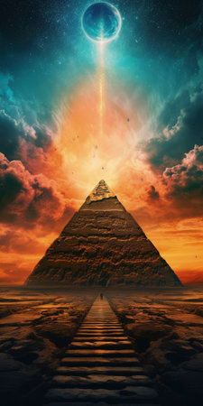 The Majestic Portal Suspended Above a Towering Pyramid. Perfect for Posters and Web. Generative AIの素材