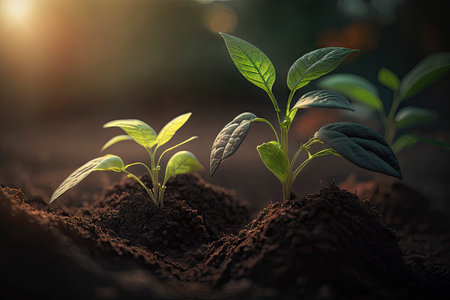 Growing Seedlings in Rich Soil under Early Morning Light for Ecology Concept. Generative AIの素材