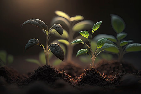 Growing Seedlings in Rich Soil under Early Morning Light for Ecology Concept. Generative AIの素材