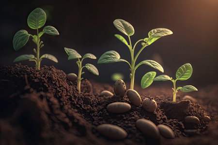 Growing Seedlings in Rich Soil under Early Morning Light for Ecology and Artistic Purposes. Generative AIの素材