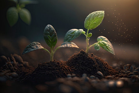Growing Seedlings in Rich Soil under Early Morning Light for Ecology Concept. Generative AIの素材