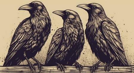 Minimalist strokes of three crows in different poses with a letter. Perfect for invitations and posters. Generative AIの素材