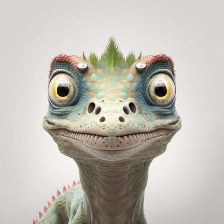 Friendly Dilophosaurus Smiling in Jungle Setting on White Background. Perfect for Children's Invitations and Posters. Generative AIの素材