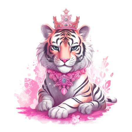 Sparkling Pink Tiger Princess Illustration on White Background for Invitations and Posters. Generative AIの素材