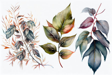 Watercolor Plants and Leaves on White Background for Invitations and Posters. Generative AIの素材
