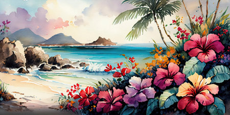 Paint a Stunning Watercolor Scene of a Tropical Paradise. Perfect for Invitations and Posters. Generative AIの素材
