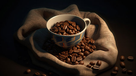 Dark Roast: Top View of Coffee Cup and Beans for Cinematic Design. Generative AIの素材
