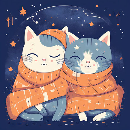 Cozy Cat Nap Under Starry Blanket. Generative AIの素材