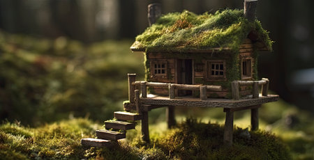 Enchanting Tree House in a Lush Garden with Sunny Light. Perfect for Invitations and Posters. Generative AIの素材