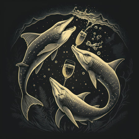 Sharks Sipping Mimosas on a T-Shirt. Perfect for Beach Parties. Generative AIの素材