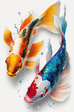 Carefree Swimming Koi Fish in Two Colors. Perfect for Posters and Wallpapers. Generative AIの素材