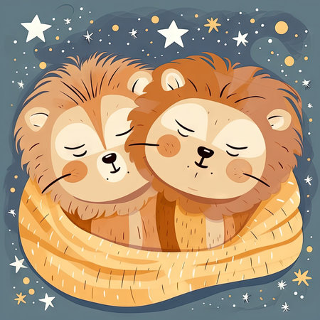 Sleeping Lion Cubs Cuddled Under Starry Blanket - Perfect for Children's Bedding. Generative AIの素材