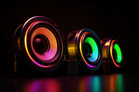 Neon Stereo Speakers on Dark Background with Reflection for Music Lovers. Generative AIの素材