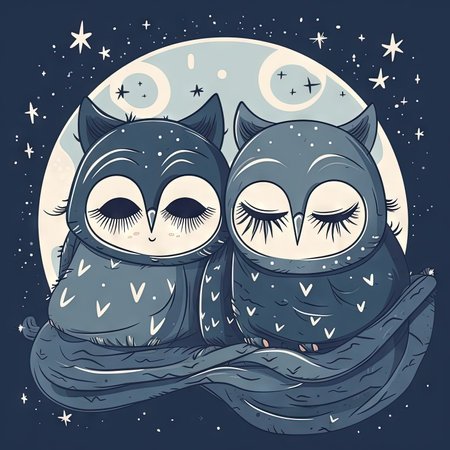 Cozy Night: Two Owls Sleeping Under a Blanket with Cute Stars and Moon. Generative AIの素材