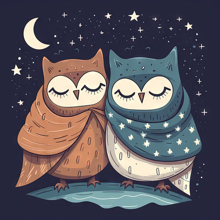 Cozy Night: Two Owls Sleeping Under a Blanket with Cute Stars and Moon. Generative AIの素材