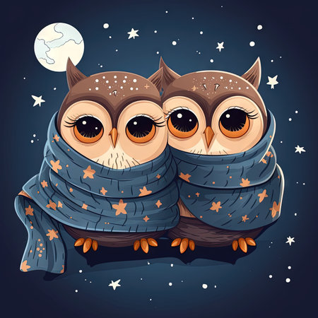 Cozy Night: Two Owls Sleeping Under a Blanket with Cute Stars and Moon. Generative AIの素材