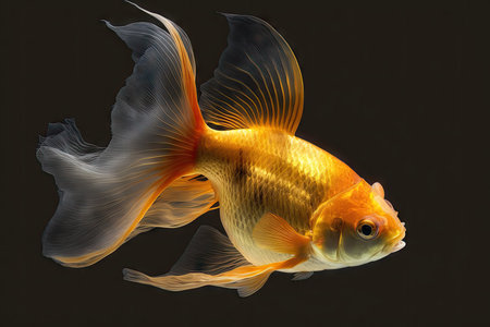 Hyper-Realistic Veil Tail Goldfish Swimming in Dark Waters. Perfect for Aquarium Websites and Blogs. Generative AIの素材