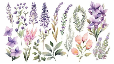 Botanic Watercolor Arrangements with Lavender Bouquets and Wildflowersの素材