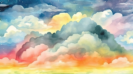 Rainbow over Watercolor Clouds Background for Invitations and Posters. Generative AIの素材