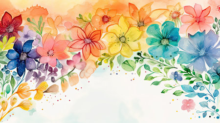 Vibrant Watercolor Flowers with Rainbow Background for Spring Designs. Generative AIの素材
