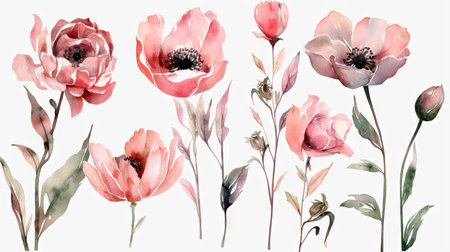 Soft Pink Watercolor Flower Stems for Invitations and Scrapbooking. Generative AIの素材