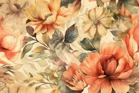 Vintage Watercolor Flowers on Aged Paper Background for Invitations. Generative AIの素材