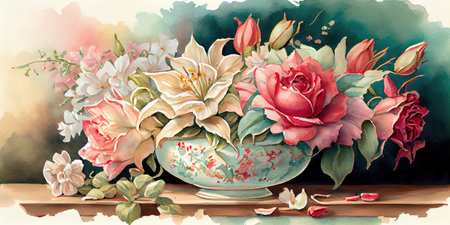 Peppermint-Colored Watercolor Floral Still Life with Roses and Lilies. Perfect for Invitations and Scrapbooking. Generative AIの素材
