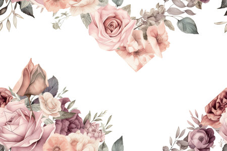 Blush Pink Roses Corner Border Illustration on White Background for Wedding Invitations. Generative AIの素材