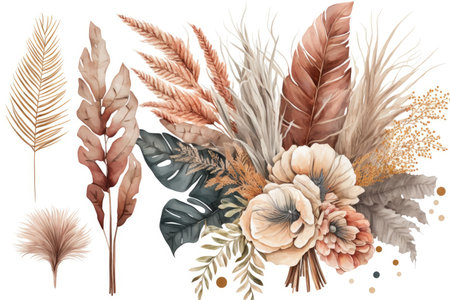 Boho Bouquet with Pampas Grass and Monstera Leaf in Soft Cream. Perfect for Wedding Invitations. Generative AIの素材