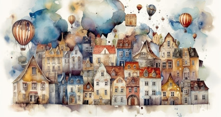 Enchanting Watercolor Houses on a Magical City Street with Clouds, Sky, Air Balloons, and Flying Islands. Perfect for Invitations and Posters. Generative AIの素材