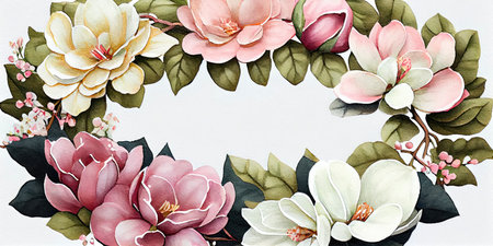 Soft Pink and White Watercolor Magnolia Wreath for Invitations and Scrapbooking. Generative AIの素材