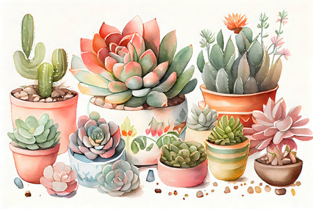 Cozy Succulent Objects in Pastel Watercolor. Perfect for Invitations and Scrapbooking. Generative AIの素材