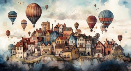 Magical Watercolor Houses on a City Street with Clouds, Sky, Air Balloons, and Flying Islands. Perfect for Invitations and Posters. Generative AIの素材
