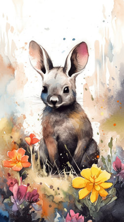 Adorable Baby Aardvark in a Colorful Flower Field for Art Prints and Greeting Cards. Generative AIの素材