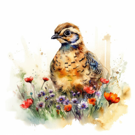 Adorable Baby Pheasant in Colorful Flower Field for Art Prints and Greetings. Generative AIの素材