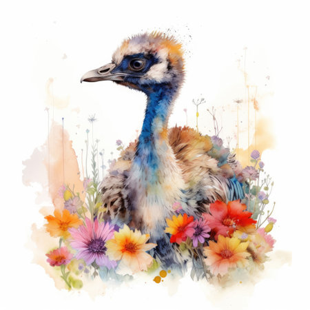 Captivating Baby Emu in a Colorful Flower Field for Art Prints and Greetings. Generative AIの素材