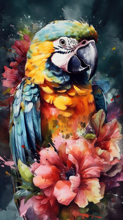 Captivating Baby Macaw in a Colorful Flower Field for Art Prints and Greeting Cards. Generative AIの素材