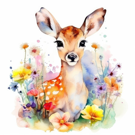 Captivating Baby Reindeer in a Colorful Flower Field for Art Prints. Generative AIの素材