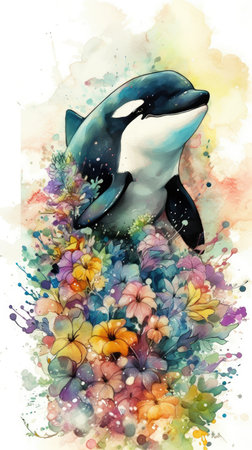 Charming Baby Orca in a Colorful Flower Field for Art Prints and Greeting Cards. Generative AIの素材