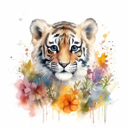 Charming Baby Tiger in a Colorful Flower Field for Art Prints and Greeting Cards. Generative AIの素材