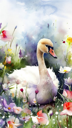 Charming Baby Swan in a Colorful Flower Field for Art Prints and Greeting Cards. Generative AIの素材