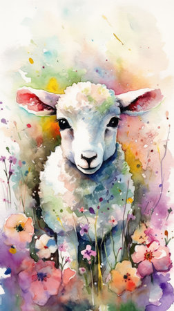 Colorful Watercolor Painting of a Cute Lamb in a Flower Field - Ideal for Greeting Cards and Art Prints. Generative AIの素材