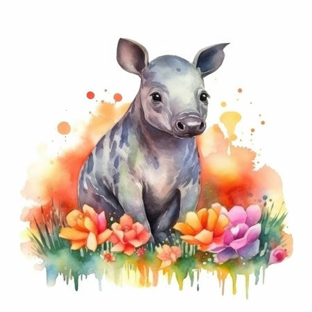 Endearing Baby Tapir in a Colorful Flower Field for Art Prints and Greetings. Generative AIの素材