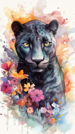 Endearing Baby Panther in a Colorful Flower Field for Art Prints and Greeting Cards. Generative AIの素材