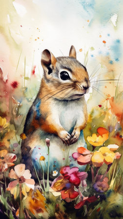 Lovable Baby Chipmunk in a Colorful Flower Field for Art Prints and Greetings. Generative AIの素材