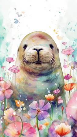 Winsome Baby Walrus in a Colorful Flower Field for Art Prints and Greeting Cards. Generative AIの素材